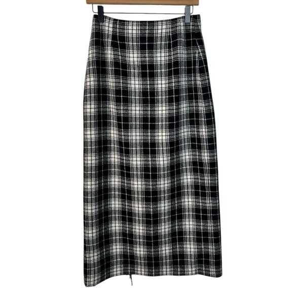 Vintage Cambridge Country Wool Plaid Wrap Skirt FringeTrim Maxi Black White 6P - Picture 5 of 7